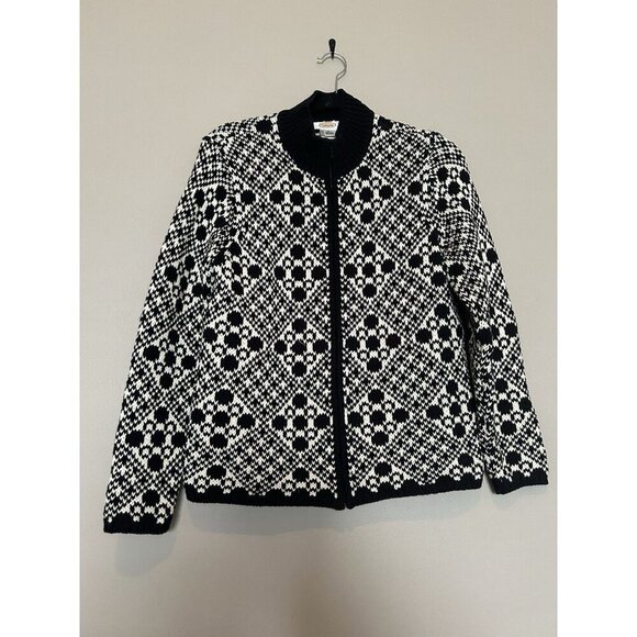 Talbots Cardigan Women Medium Black White Fair Isle Zip Up 100% Cotton Sweater - Picture 2 of 7